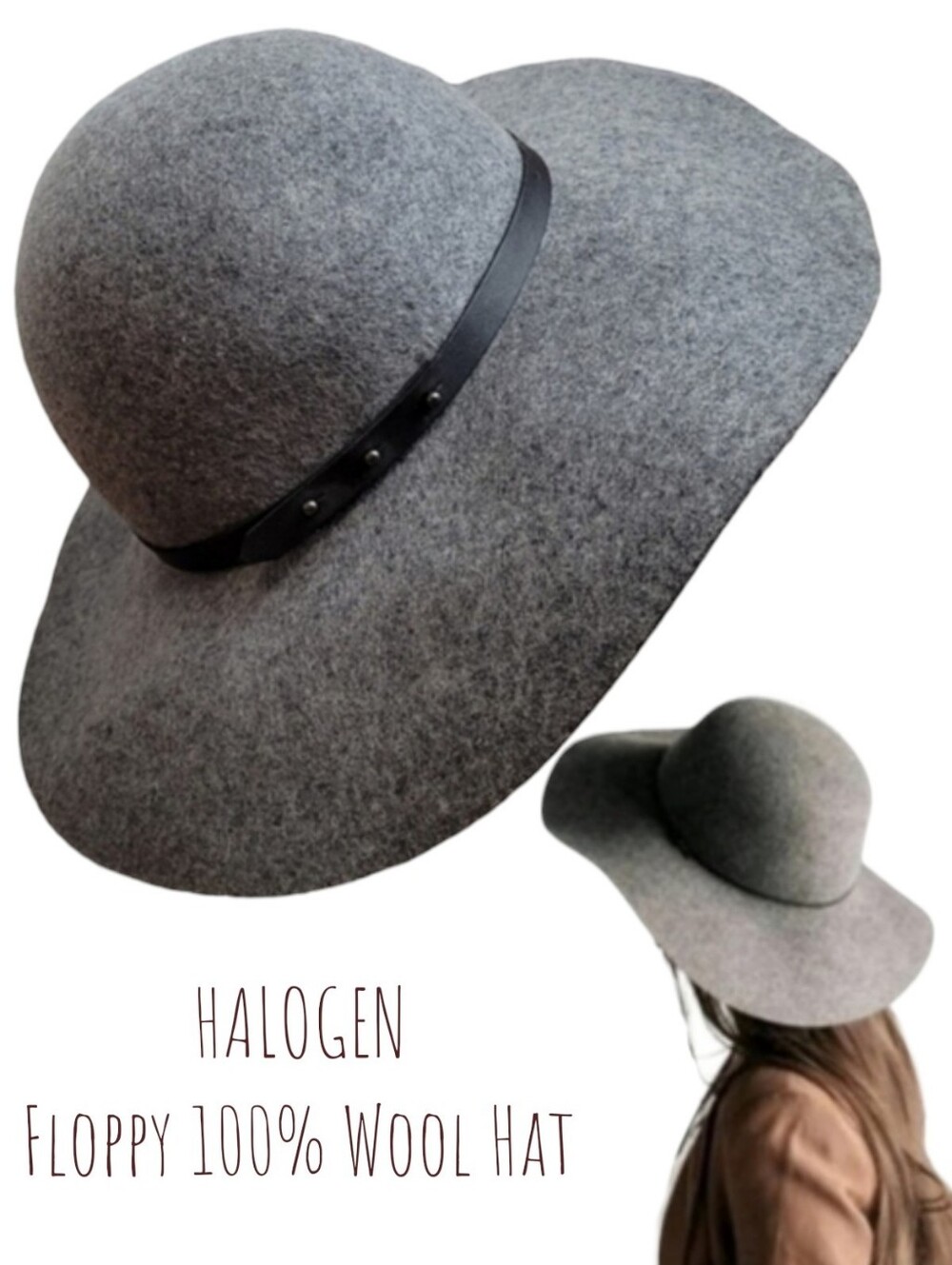 HALOGEN women's boho prep Floppy Wool Hat w faux leather trim Heathered grey 0S